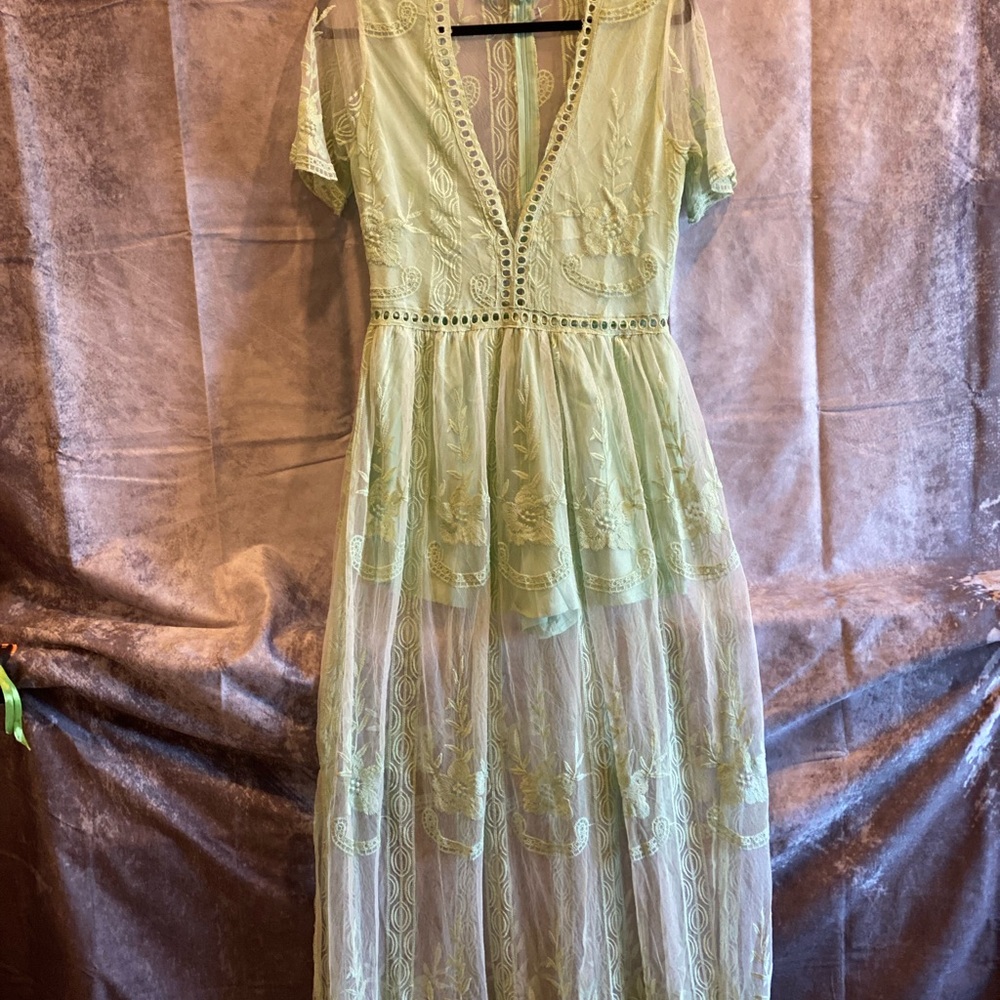 Bohemian Sheer Lacey Mint Green Dress With Shorts Underneath (L)